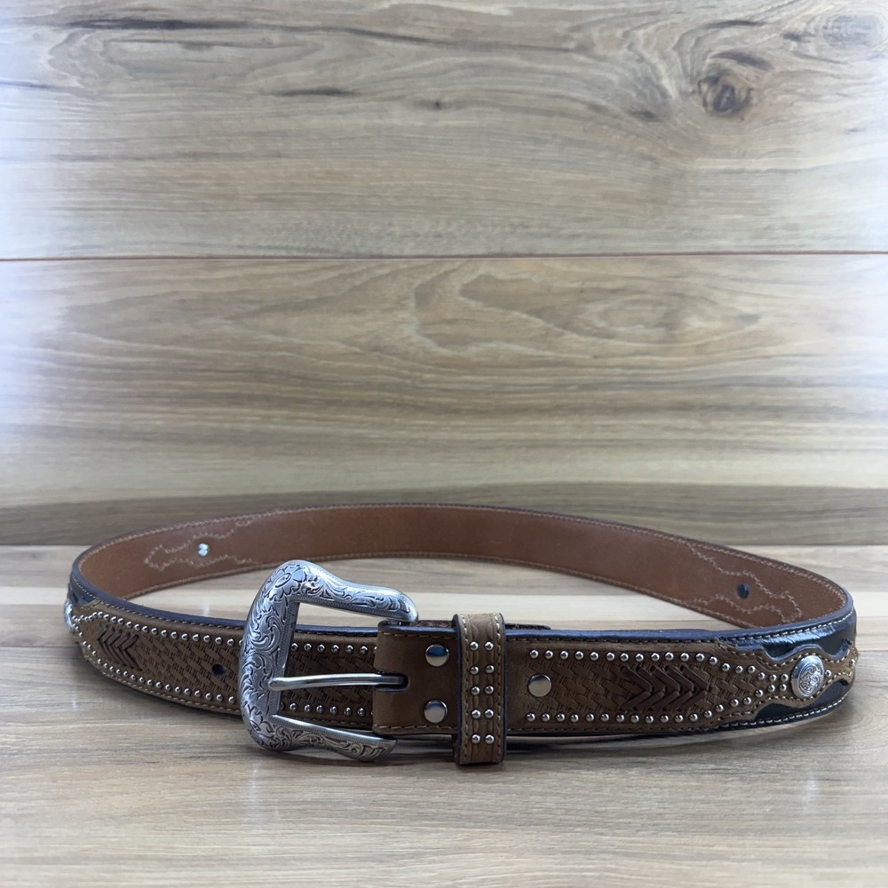 Nocona Mens Belt Size 38 Brown Tooled Leather Studded Western Rodeo Ranch Cowboy